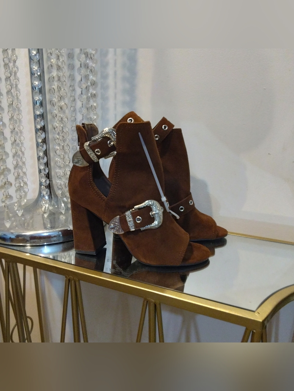 BAMBOO Brown Suede Cutout Buckle Block Heel Booties